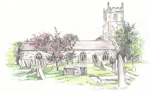 Sketch of Budock Church showing its tower, church building, surrounding trees and gravestones